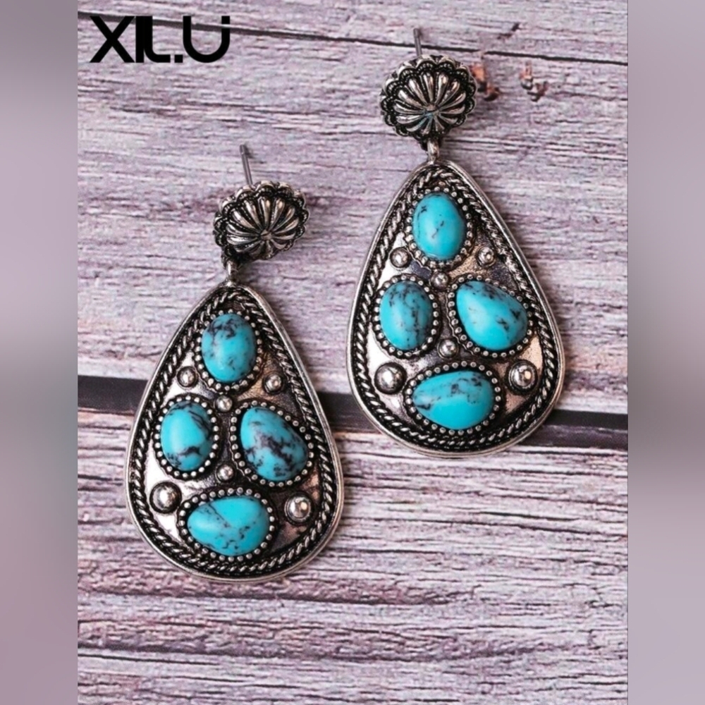 Western  Faux Turquoise and Silver Teardrop Earrings